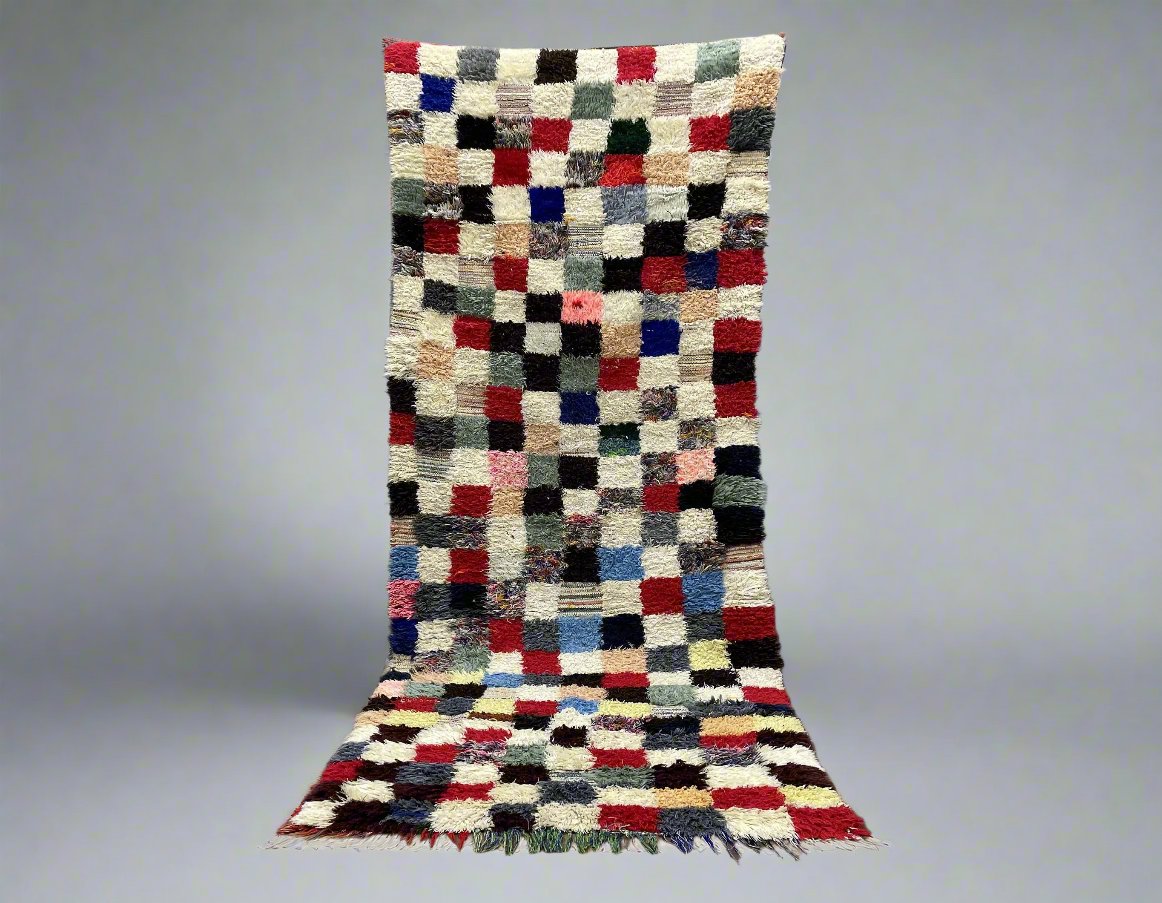 Colorful geometric patterned area rug with a soft, textured finish. Perfect for home decor.