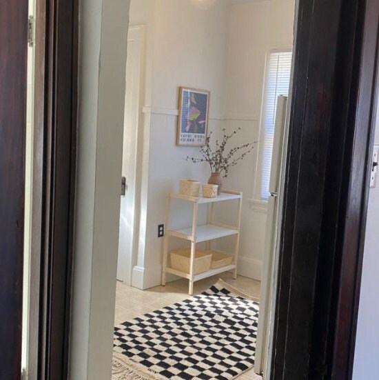 Modern interior view showcasing a stylish checkered rug and minimalist shelving unit.