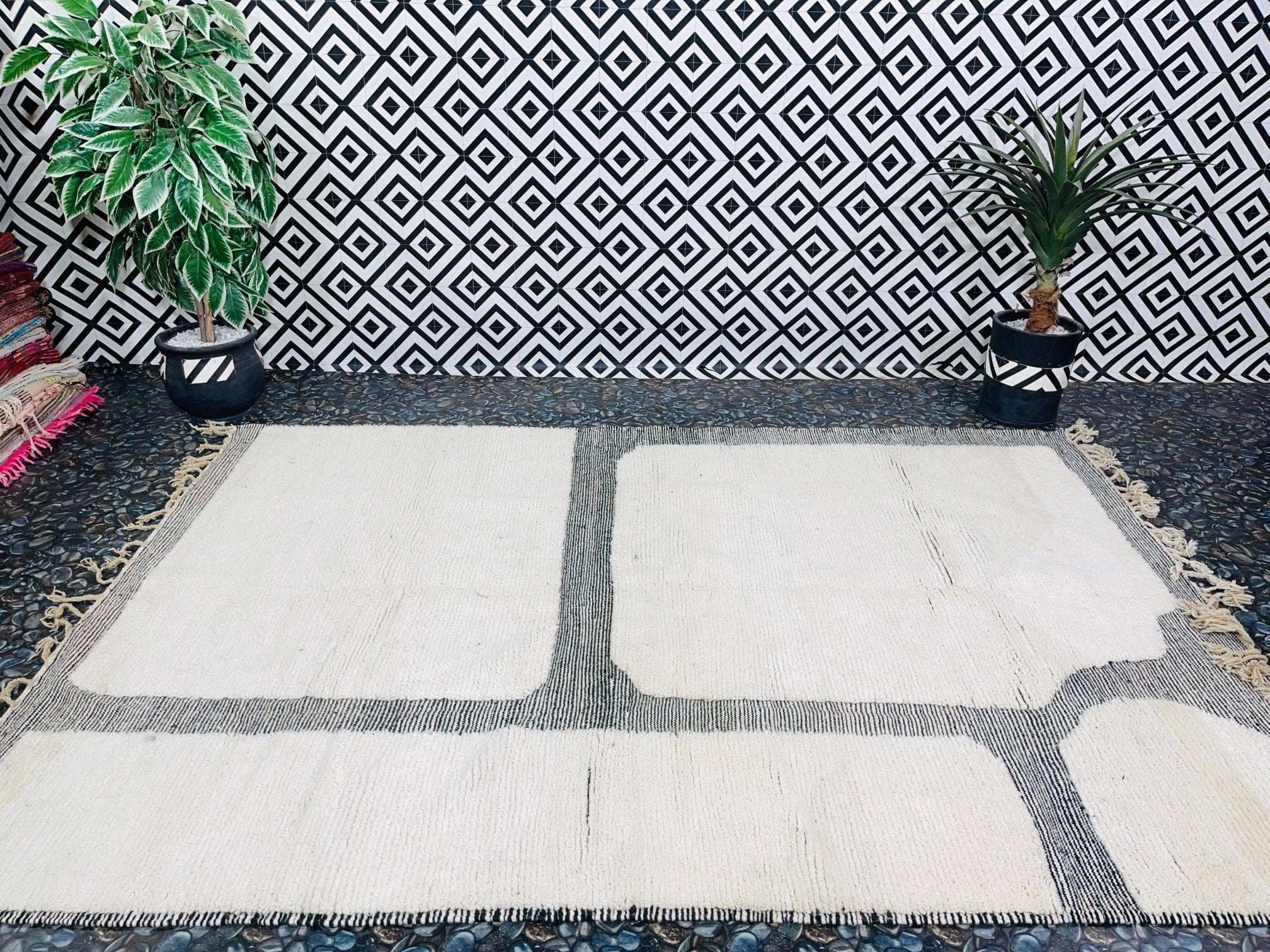 decorative rug on patterned floor with plants