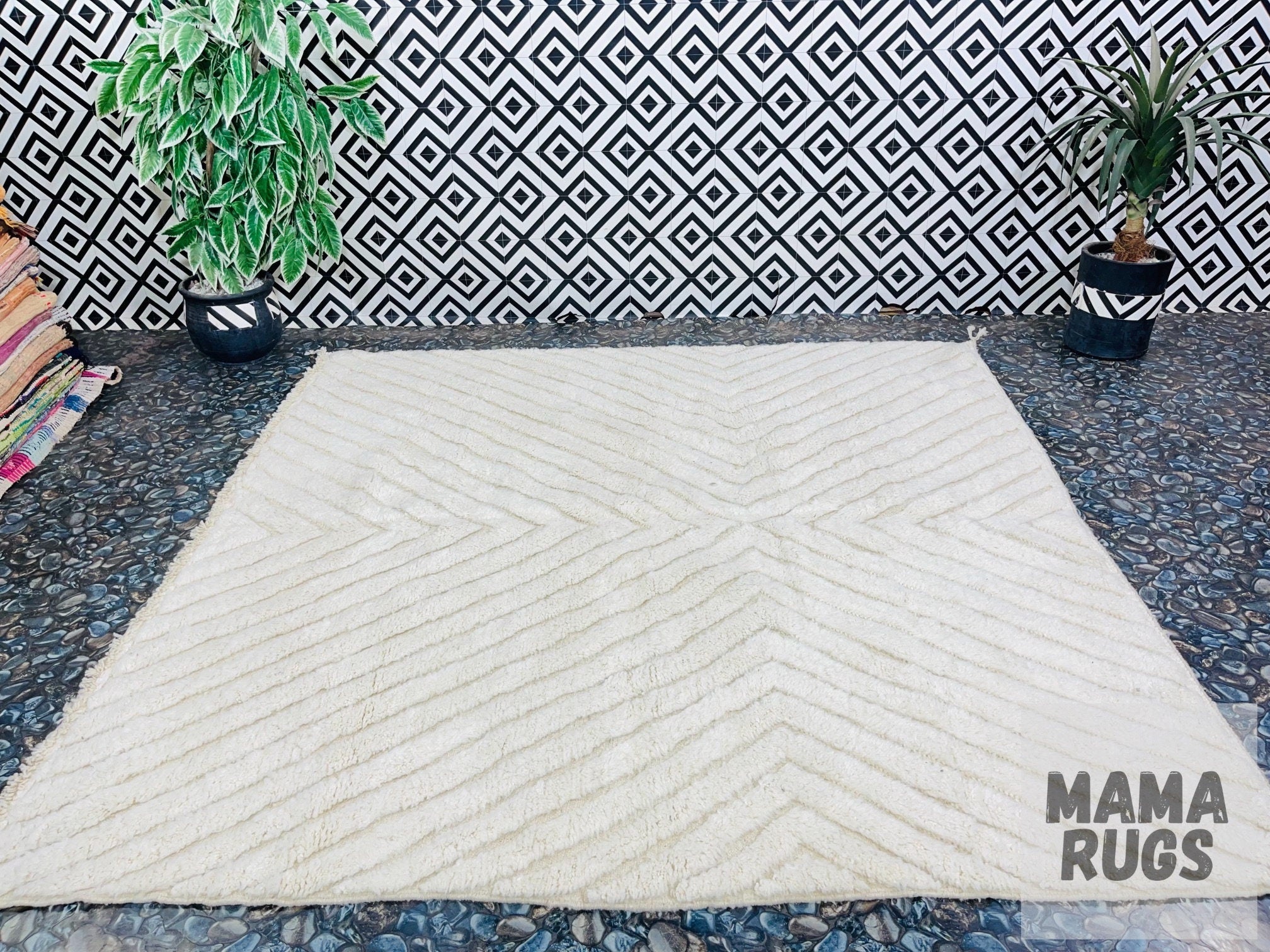 beige textured rug on patterned floor background