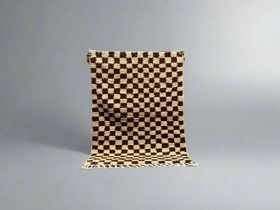 Stylish brown and cream checkerboard rug, perfect for home decor and interior design.