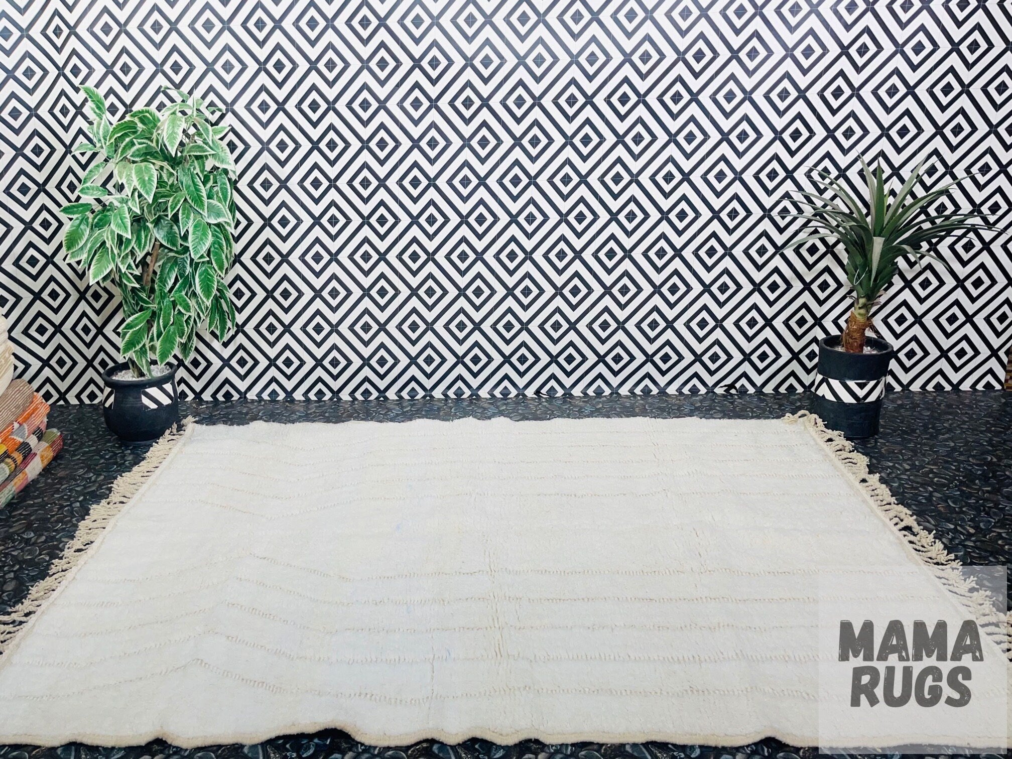 modern area rug against geometric patterned wall